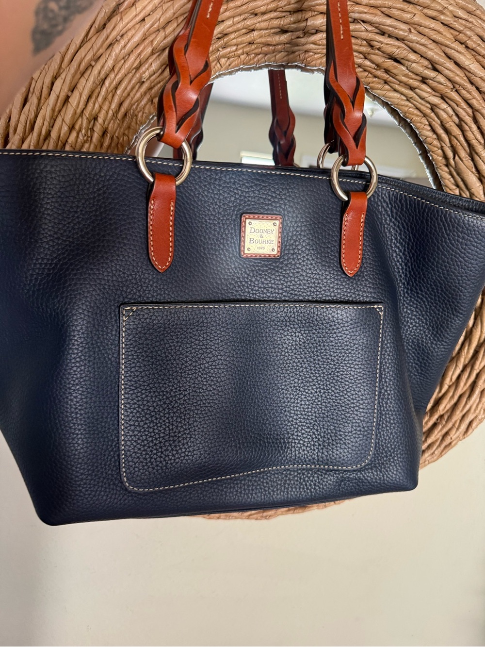 Dooney & Bourke Navy Leather Tote with Tan Braided Handles